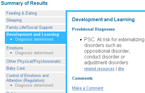 Screenshot of 'Development and Learning' topic with results.